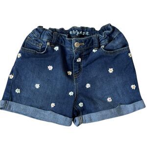 Cat & Jack Super Stretch Embroidered Flowers Blue Denim Roll Hem Shorts. 10/12.